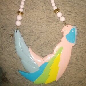 Vintage Parrot Necklace Novelty Tropical Bird Beaded 80s Pastel Peach Blue